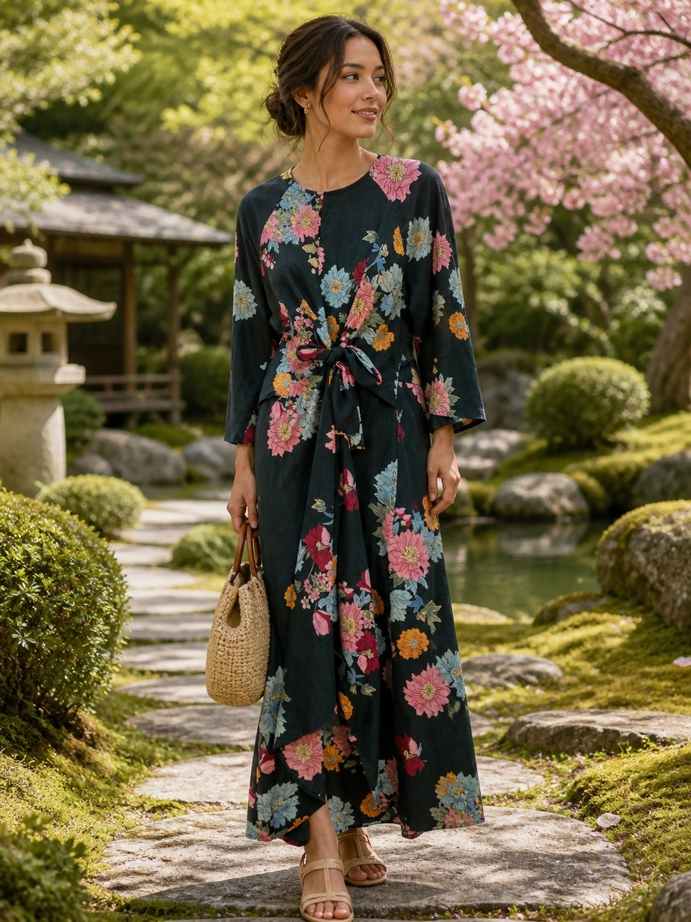MelloDay Asian Floral Tie-Waist Maxi Dress - Dark Green Large